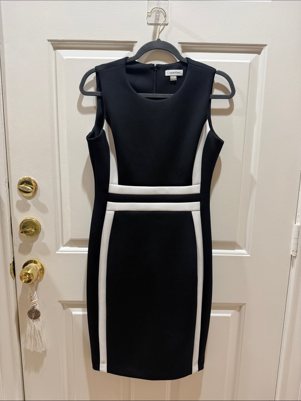 Calvin Klein Black and White Colorblock Midi Sheath Dress
